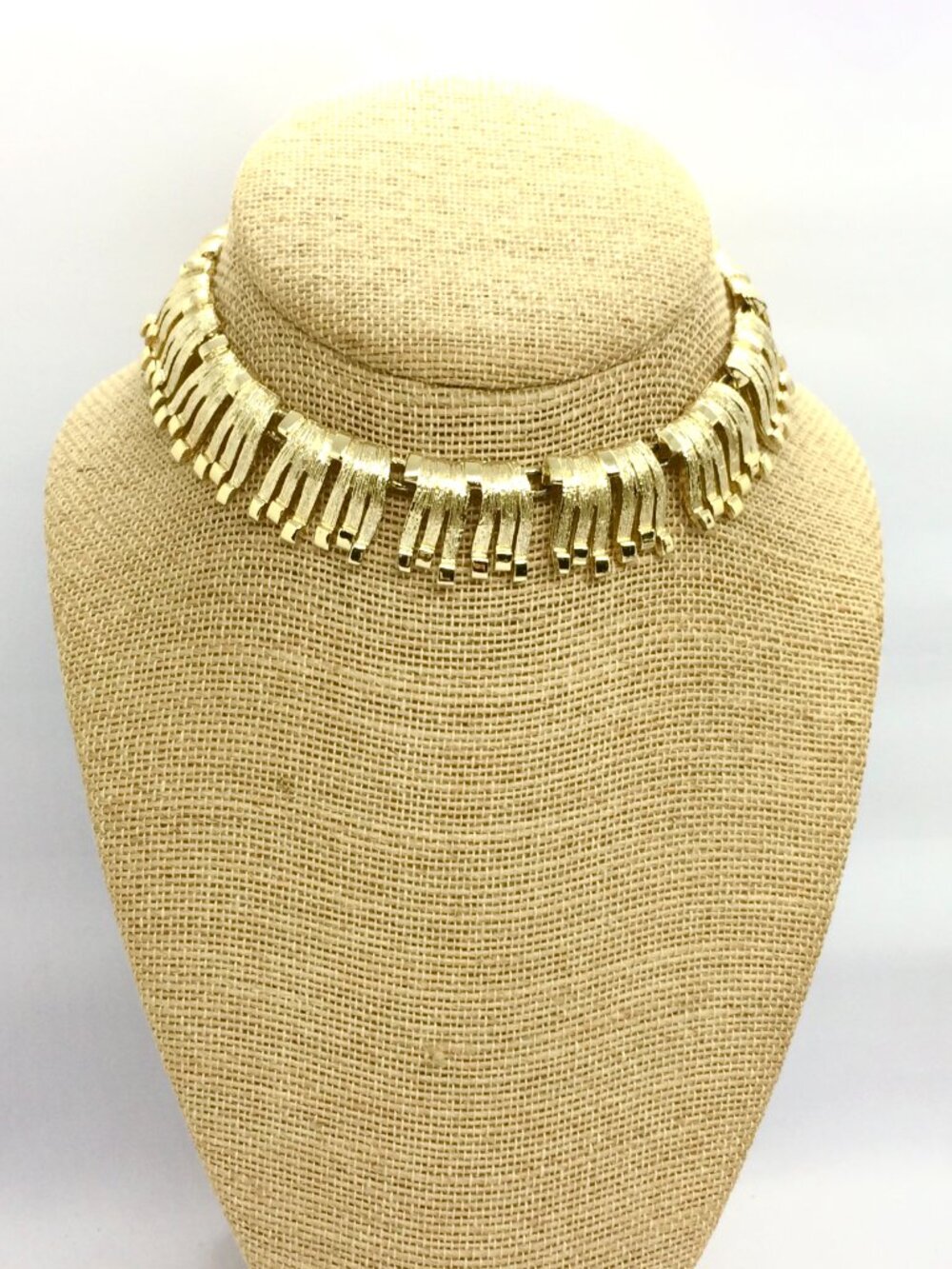 VINTAGE COLLAR NECKLACE Gold Tone Choker Textured Fringe Modernist MCM Statement